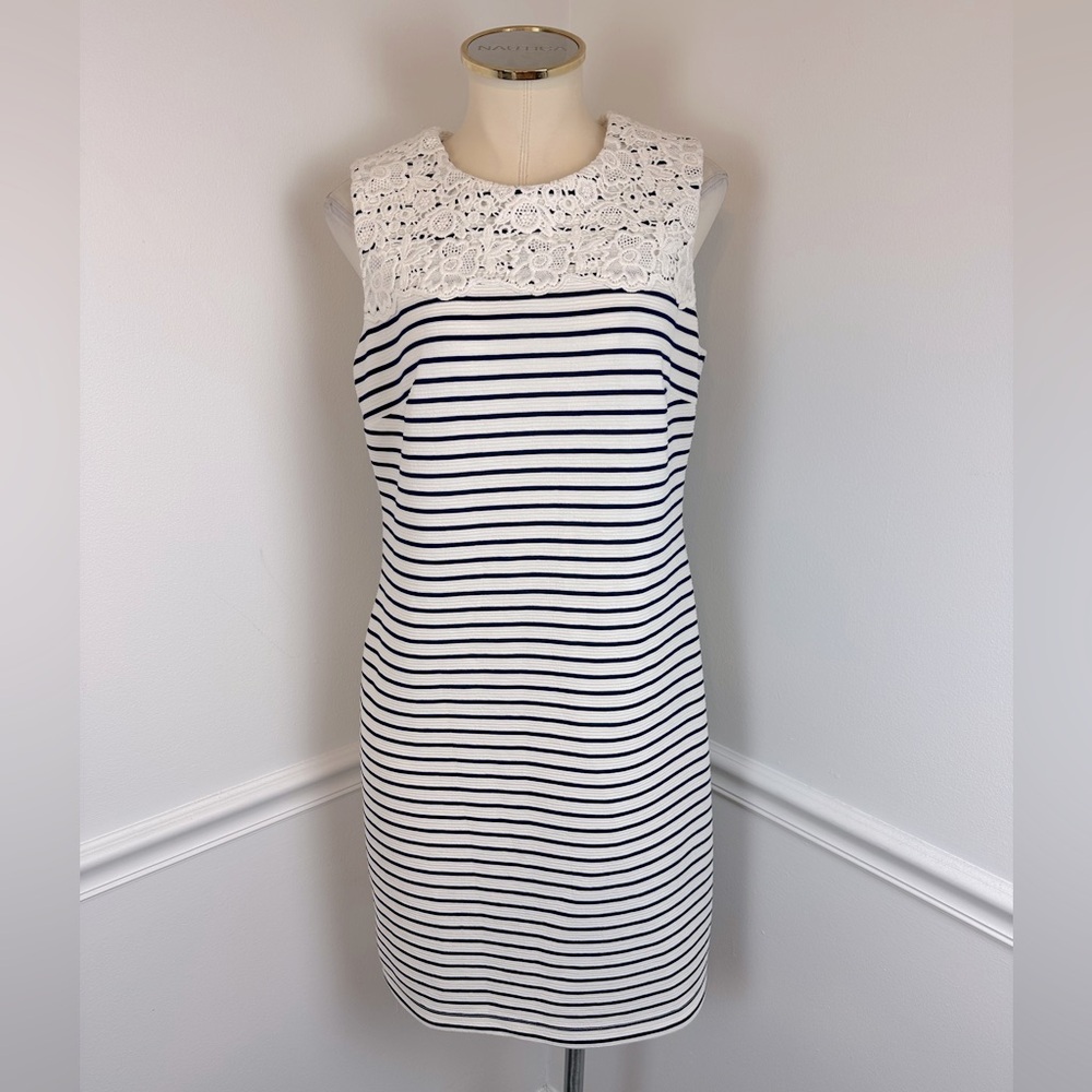 TOMMY HILFIGER Sleeveless White & Navy Stripe With Lace Dress | Size 10